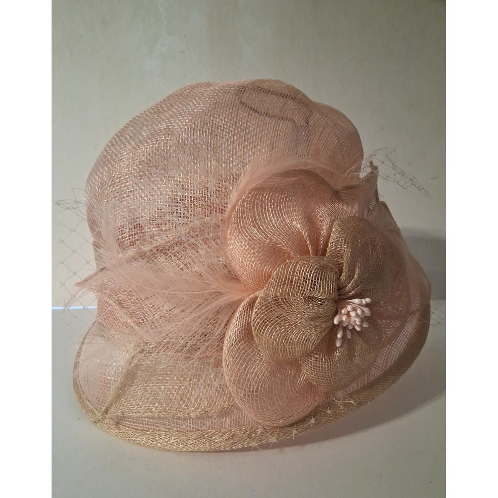 Women's Sinamay Cloche Pink Derby, Church, Wedding Hat Bow Netting Feathers